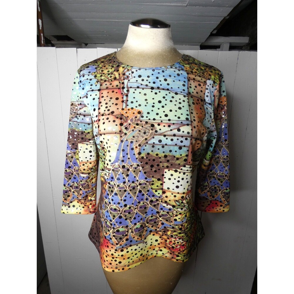 Mesmerize Womens L Sequin Mutlciolor Top 3/4 SLees Peacock Print Y2K Art to Wear